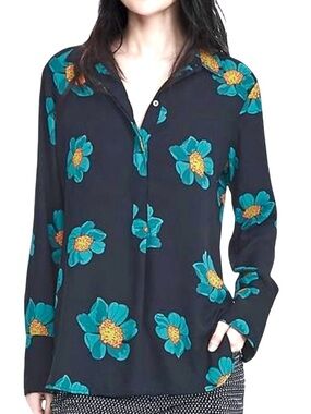 Banana Republic Flower Print Navy Floral Long Sleeve Blouse Size Small